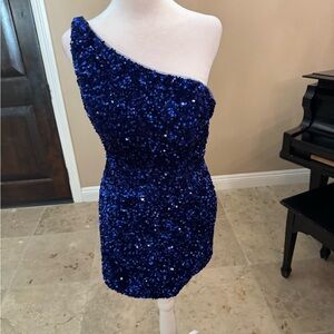 Sherri Hill Blue Sequin One-Shoulder Dress